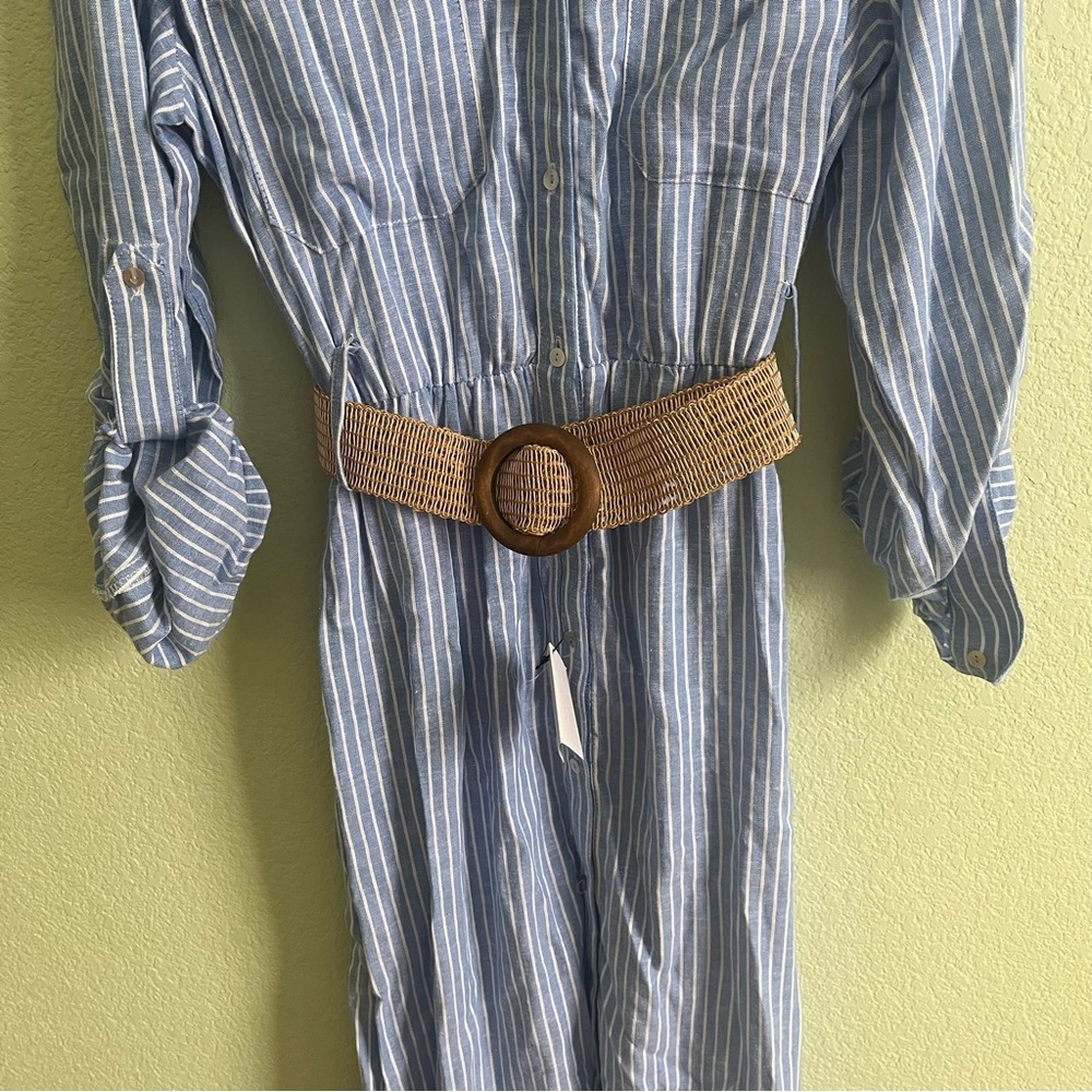 Zara Belted Linen Midi Shirt Dress V-Neck Tab Sleeve Striped Blue White Size XL - Picture 8 of 11